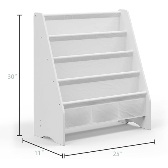 Sturdy Kids Bookshelf, Eco-Safe 4-Tier Sling Bookshelf for Kids Room with Tear-Proof Oxford Fabric, Ideal Height for Easy Book Access, Deep Slings to Keep Books Upright, White/Wood Texture