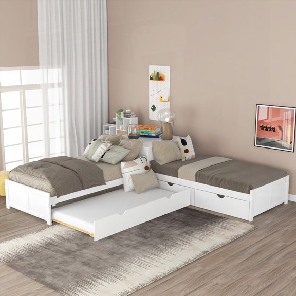 L-shaped Platform Bed Boasting Trundle, Drawers & Built-in Desk,Twin,White (Meets Storage Needs)