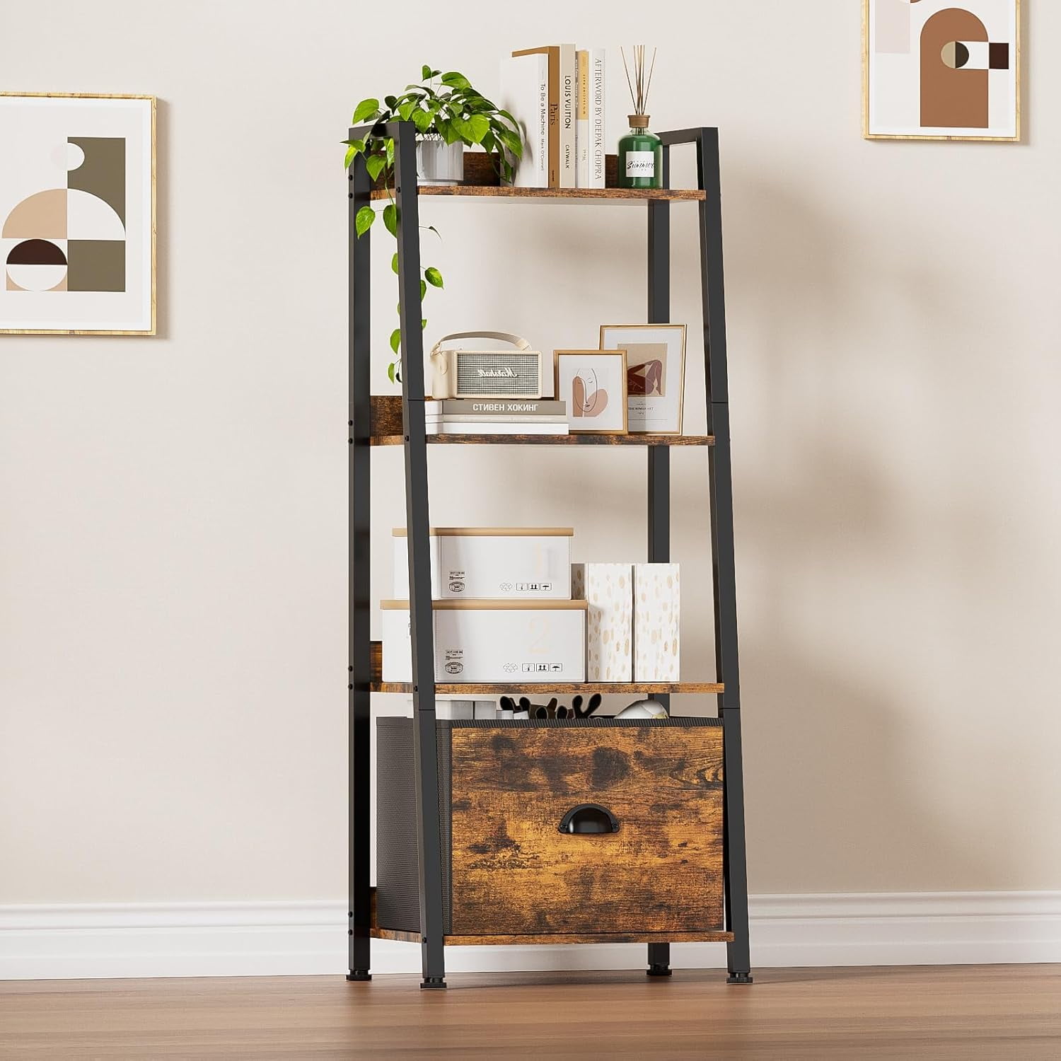 Sturdy Ladder Shelf, 4-Tier Upgraded Ladder Bookshelf with Drawer ...