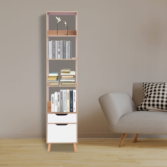 Sturdy MDF Bookcase with 4-Tier Shelves, Drawer and Bottom Cabinet, Oak or White Finish for Simple, Home Storage