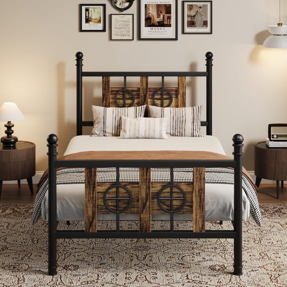 Sturdy Metal Bed Frame with Vintage Circular Design – Platform with Headboard & Footboard – Under-Bed Storage – Noise-Free, Easy Assembly – No Box Spring Needed – Bedroom Furniture