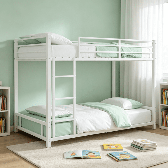 Sturdy Metal Bunk Bed Twin Over Twin, Durable Steel Bed Frame with Full Protection Guardrails and Functional Ladder, Strong Metal Slats Offer Quiet Sleep and Long Lasting Support, White