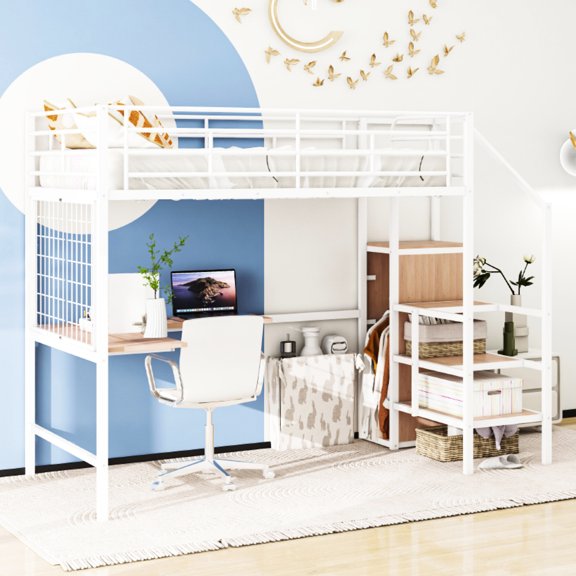 Sturdy Metal Construction, Metal Grid for Decor - Full Size Loft Bed with Desk for Work and Storage