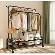 Fybee Heavy Duty Rolling Clothing Rack, Adjustable Double Rod Garment Organizer with 2 Shelves & Hooks, Mobile Wardrobe for Bedroom/Closet, Black
