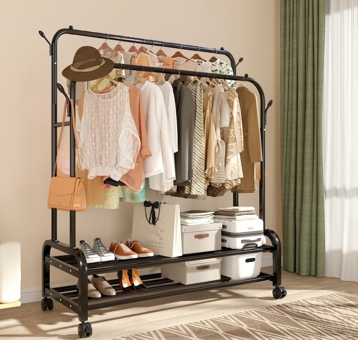 Fybee Heavy Duty Rolling Clothing Rack, Adjustable Double Rod Garment ...