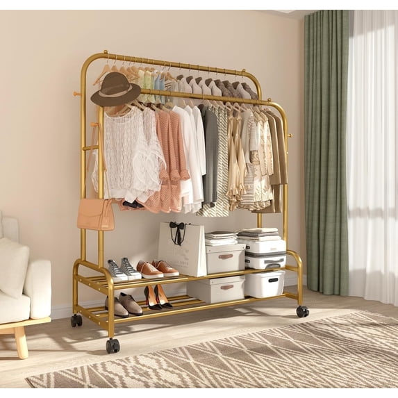 FyBee Clothes Rack, Gold Double Rod with Wheels, 45.67