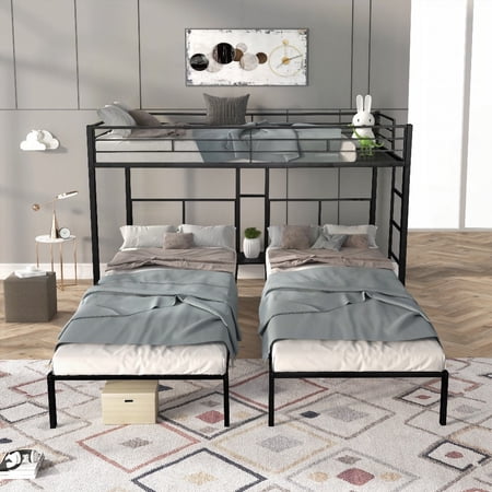 Sturdy Metal Frame Triple Bunk Bed - L-Shaped Design & No Box Spring Needed