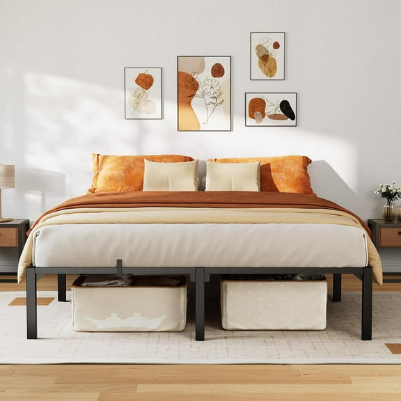 Sturdy Metal Platform Bed - No-Screw Assembly Reinforced Steel Structure, Quiet Stable Support & Large Underbed Storage for Family/Shared Rooms