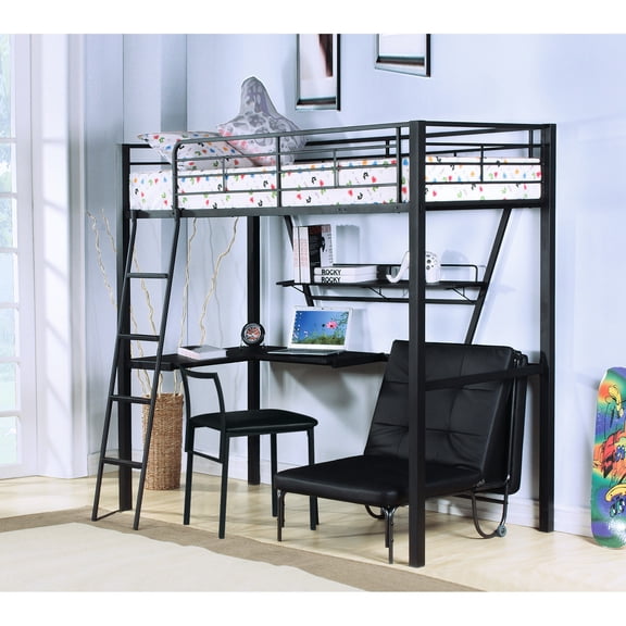 Sturdy Metal & Synthetic Wood Twin Loft Bed - Reversible Ladder and Desk, No Box Spring Needed - Great for Small Rooms