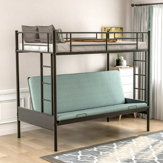 Sturdy Metal Twin-Over-Full Bunk Bed Convertible Couch and Bed Easy Assembly Space-Saving Design Frame, Mattress not Include
