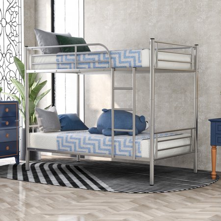 Sturdy Metal Twin-Over-Twin Bunk Bed Heavy Duty Bed Frame with Safety Guard Rails & Flat Ladder for Kids Teens Children Adults