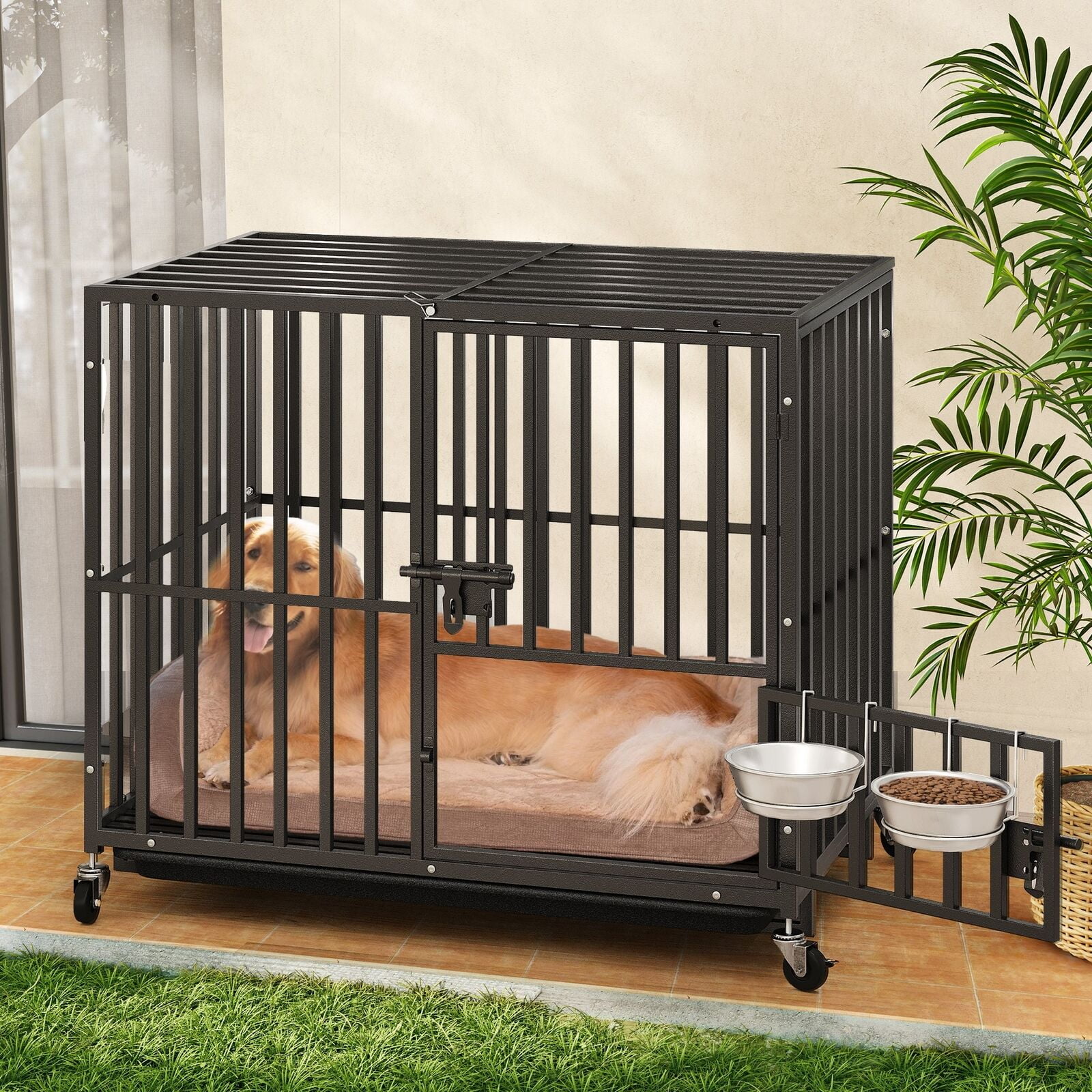 Picture of Sturdy Metal XL Large Dog Crate 3 Door Black 37.4 Inch Heavy Duty Dog ...