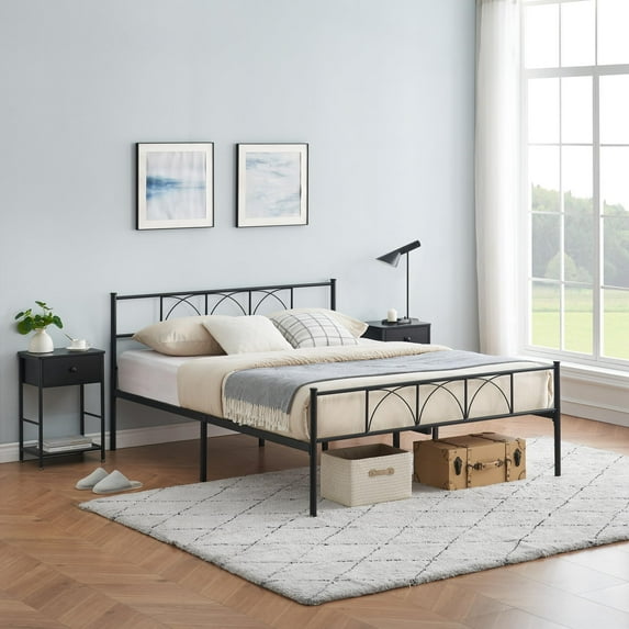 Sturdy Modern Stylish Iron Bed Frame with Headboard and Footboard Metal Platform Bed - No Box Spring Needed, Under Bed Storage, Simple Assembly