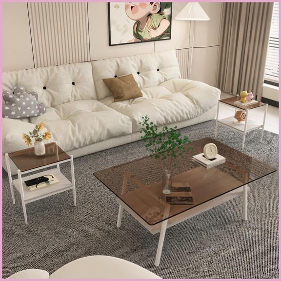 Sturdy Modern Tempered Glass Coffee Table & End Tables Trio for Living Room, Easy-Clean & Ample Storage