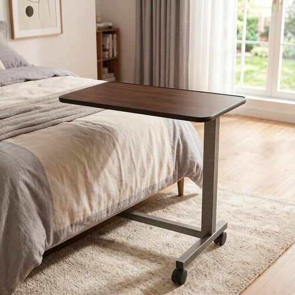 Sturdy Overbed Table with Lockable Rolling Wheels H-Shaped Base for Hospital And Home Use - Adjustable Height for Comfortable Workstation