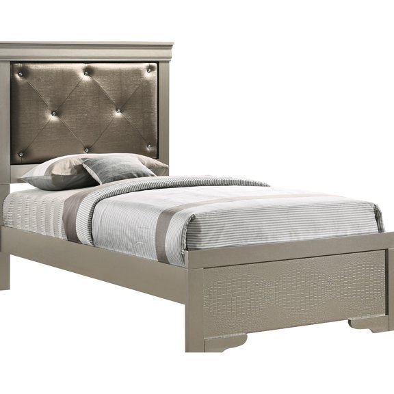 Sturdy Particle Board Twin Bed | Bedroom Centerpiece | Silver Champagne Finish Adds Elegance