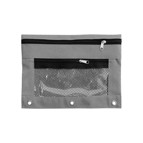 Sturdy Pen Pouch for 3 Ring Binders, 2-Pocket Zipper Small Mesh Pouch with Clear Window, Mesh Pocket (Grey)