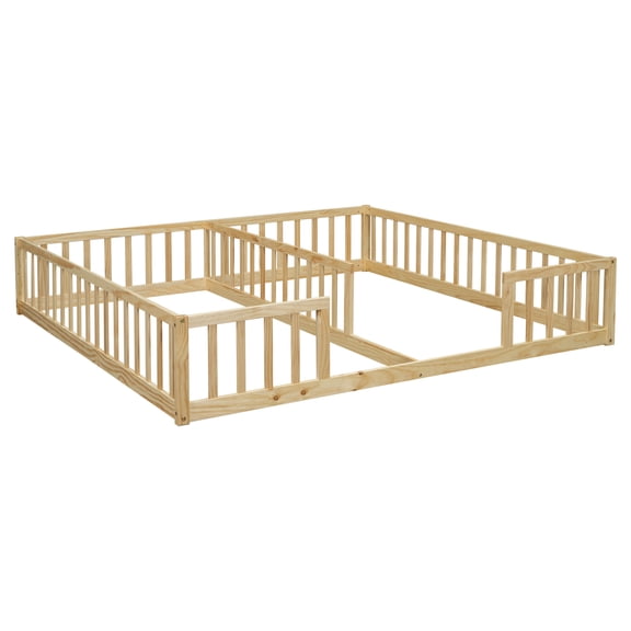 Sturdy Pine Double Twin Floor Bed, Fence for Safety - Stable Sleep for Two