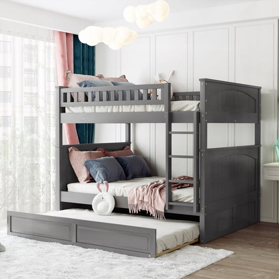 Sturdy Pine Wood Bunk Bed with Twin Trundle|Maximized Space & Versatility