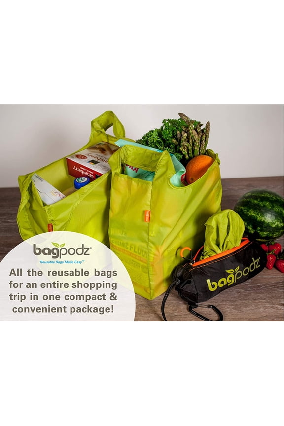 Sturdy Reusable Grocery Bags Foldable Washable RipStop Nylon 50lbs Capacity Compact Pod with Clip 10 Pack Green