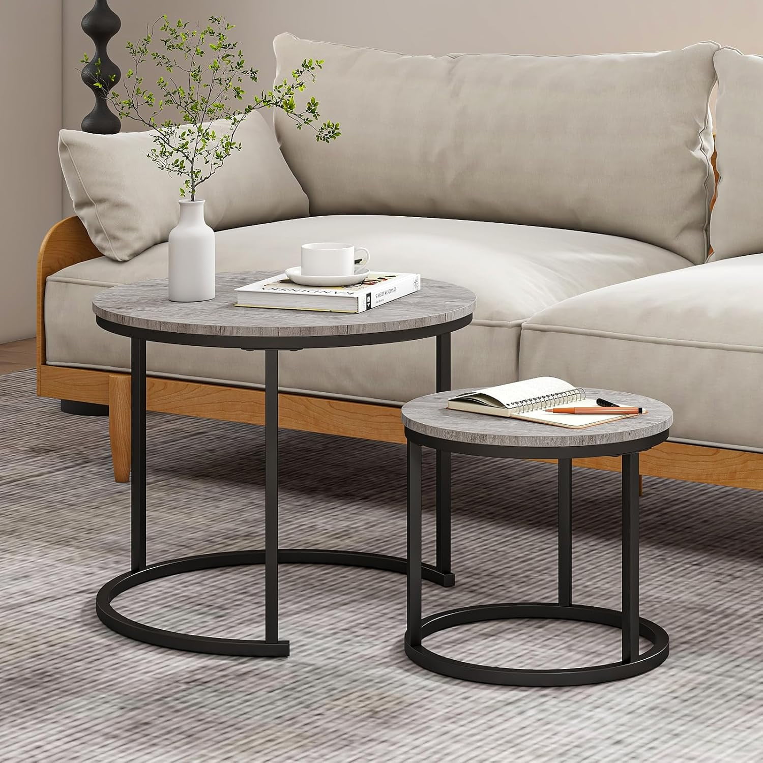 Sturdy Round Coffee Table Set of 2 Grey Metal and Wood Nested Side ...