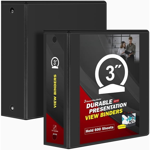 Sturdy Round Ring Binder 3 inch with Clear View Cover, 600 Sheets of Letter Size Paper, 2 (Black)