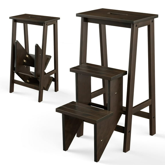 Sturdy Rubber Wood 3 Step Stool, Foldable Design with Storage Shelf, Wide Anti-Slip Pedal for Adults , Home Garage, Brown