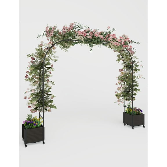 Sturdy Rustproof 86.6" Metal Garden Arch Trellis with Raised Planter Boxes – Outdoor Arbor for Climbing Plants – Wedding and Party Backdrop – Stable Base with Wheels – Span 2.2