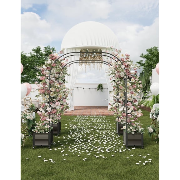 Sturdy Rustproof Metal Garden Arch Trellis with Raised Planter Boxes – Outdoor Arbor for Climbing Plants – Ideal Wedding or Party Backdrop – Stable Flower Support Frame – Span 1.8