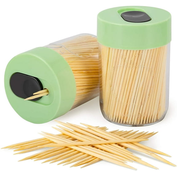 Sturdy Safe Toothpick Holder with 800 Natural Wood Toothpicks for Teeth Cleaning, Unique Home Design Decoration, Unusual Gift, 2 Pack (Black) Bamboo Round Toothpicks for Teeth Appetizer