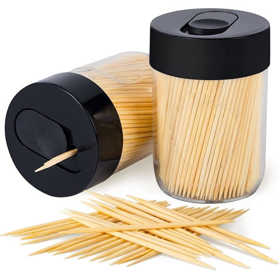 Sturdy Safe Toothpick Holder with 800 Natural Wood Toothpicks for Teeth Cleaning, Unique Home Design Decoration, Unusual Gift, 2 Pack (Black)