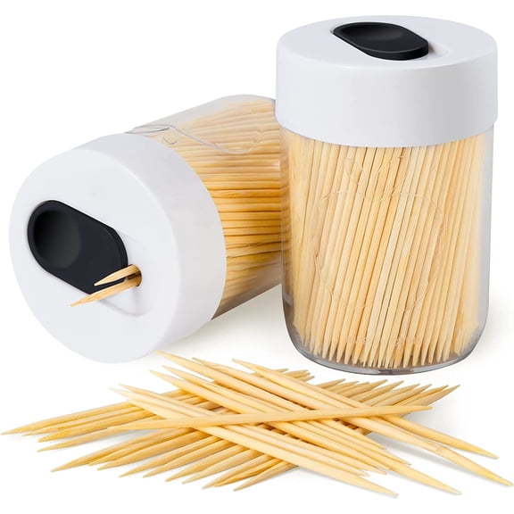 Sturdy Safe Toothpick Holder with 800 Natural Wood Toothpicks for Teeth Cleaning, Unique Home Design Decoration, Unusual Gift, 2 Pack (White)