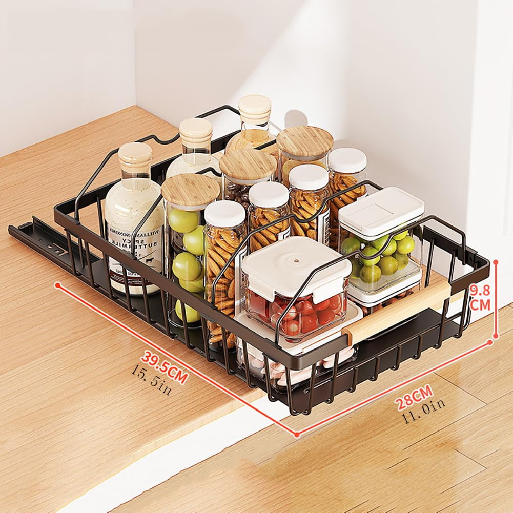 Sturdy Slide-Out Black Storage Basket - Easy Carry Pull-Out Cabinet Organizer with 2 Iron Wires - Durable Mesh Drawer Shelf for Kitchen or Pantry