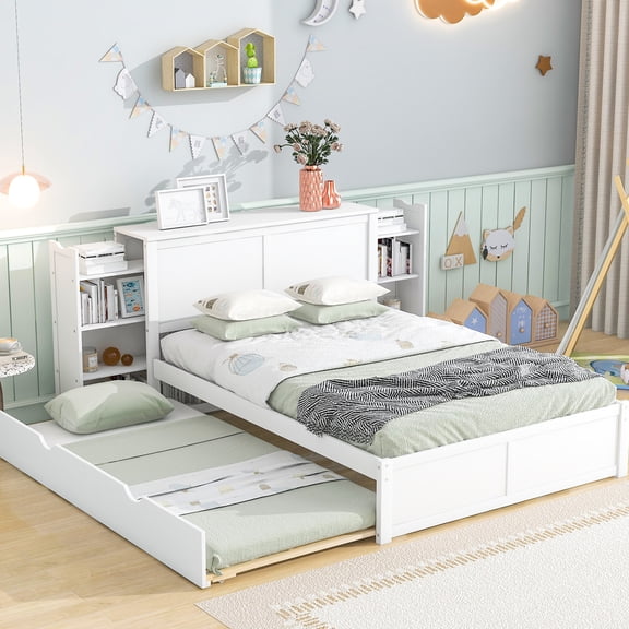 Sturdy Solid Wood Construction - Full Size Storage Platform Bed with Pull - Out Shelves and Twin Trundle for Spacious Bedroom