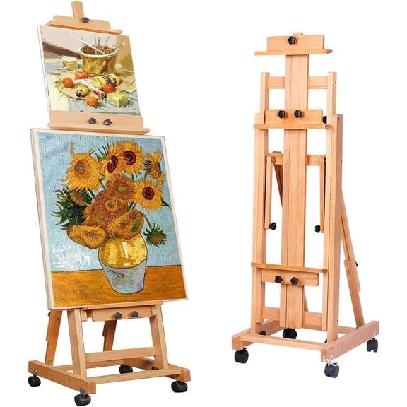 Sturdy Solid Wood H-Frame Art Easel with Adjustable Height, Locking Casters, and Metal Brackets for Painting, Drawing, and Studio Use