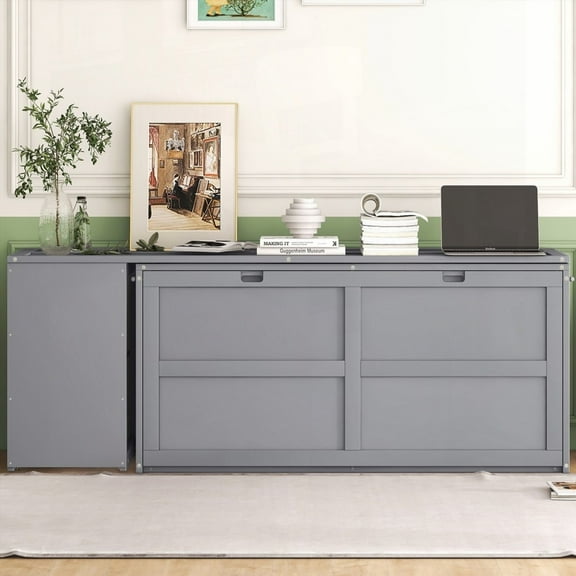 Gray Queen Size Murphy Bed Featuring Rotable Desk & Space-saving Design
