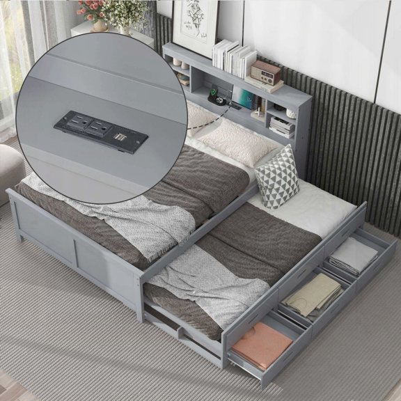 Sturdy & Spacious Full Size Bed with Storage|Gray, Twin Trundle & 3 Drawers