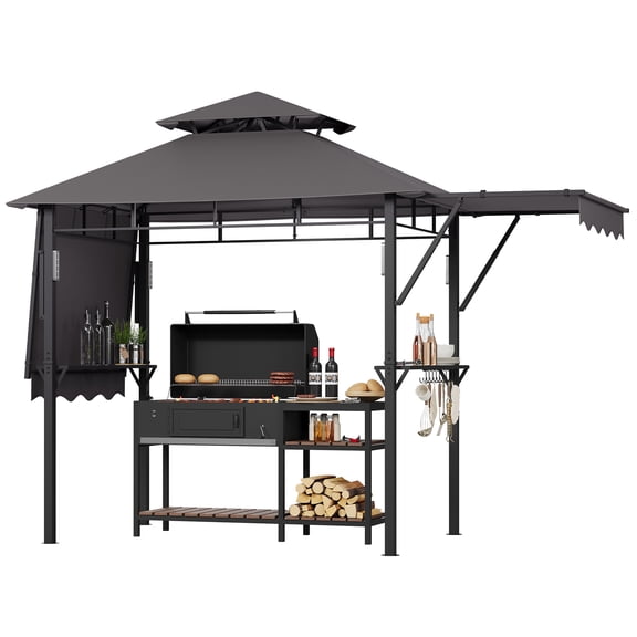 Sturdy Steel Grill Gazebo, Weather-Resistant Outdoor BBQ Canopy Shelter with Double Turn-Over Doors, Lights, Hooks & Bottle Opener-Gray