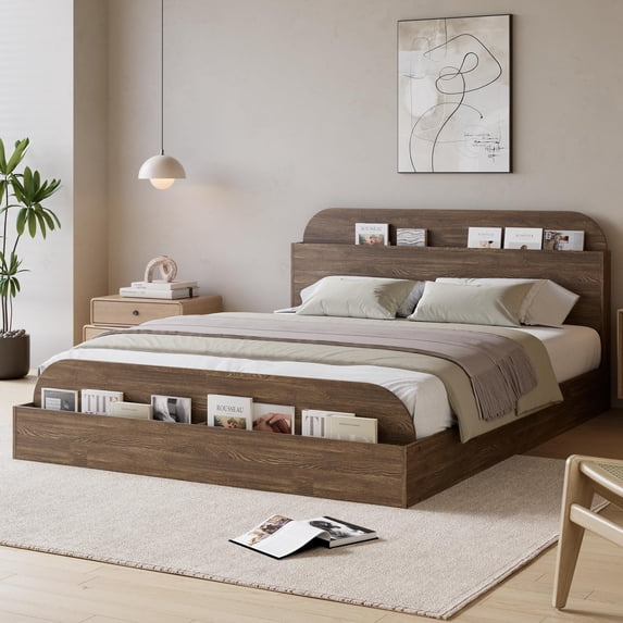 Sturdy Storage Headboard Bed Frame - Full Size Wooden Platform, Raised Footboard, Low Profile, Slat Support, Noise-Free, No Box Spring Needed, Walnut, FULL Size