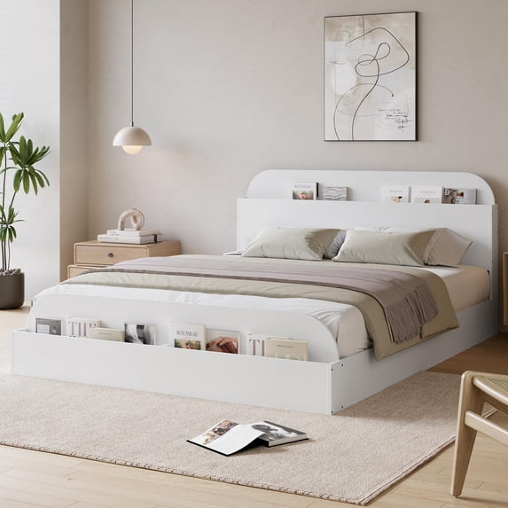 Sturdy Storage Headboard Bed Frame - Queen Size Wooden Platform, Raised Footboard, Low Profile, Slat Support, No Box Spring Needed, White Wood Grain, QUEEN Size