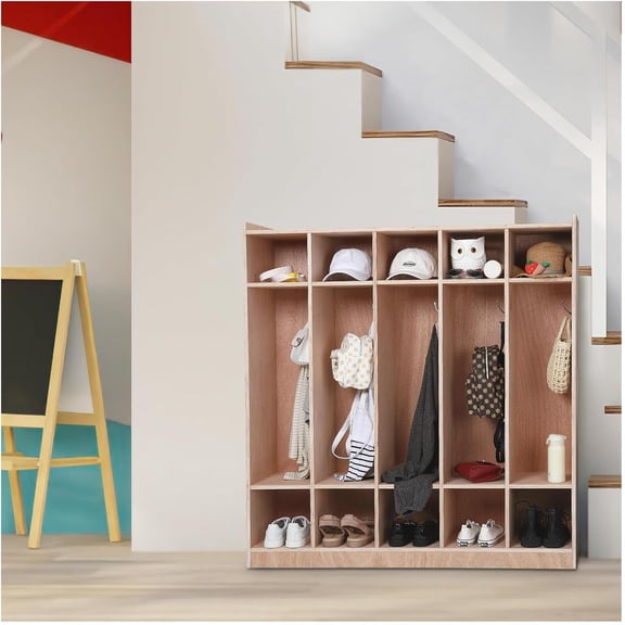 Sturdy and Stylish 5-Section Classroom Coat Locker with Ample Storage Space, 10 Cubbies, 5 Hooks, 2 Storage Boxes - Dimensions 54" W x 13" D x 48" H - Ideal for Home, School, Kindergarten