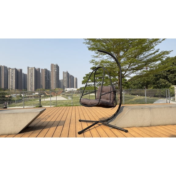 Sturdy Swing Egg Chair with Removable Guardrail & Cup Holder, Powder-Coated Metal Frame, Foldable Outdoor/Indoor Hanging Basket Chair with Cushion & Pillow for Family Use