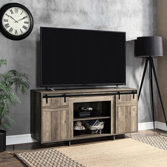 Sturdy TV stand with sliding barn doors / Holds 60 - inch TV in primary space