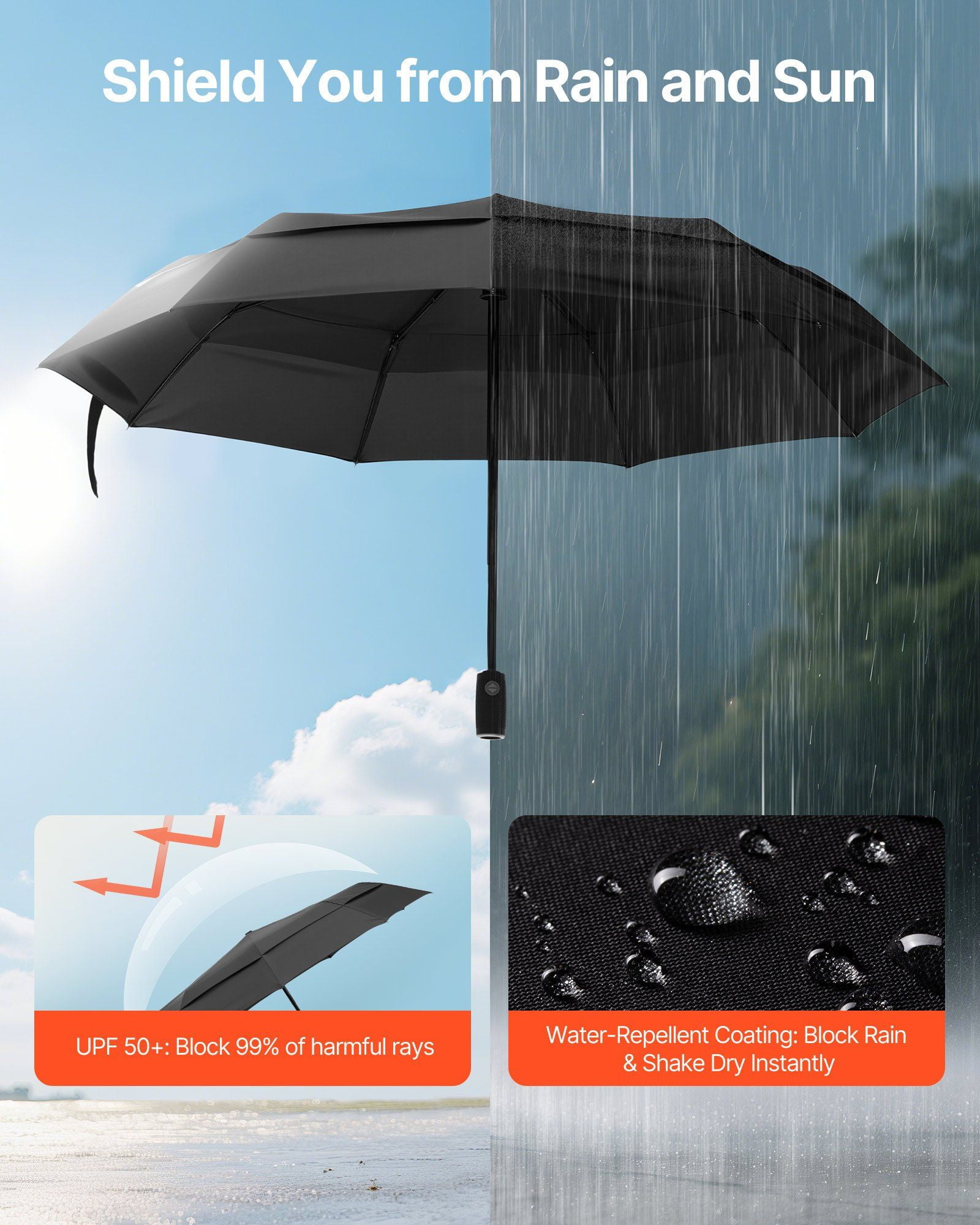 Sturdy Travel Umbrella - 42" Wind-Resistant, Auto Open/Close, Compact for Rain & Sun Protection