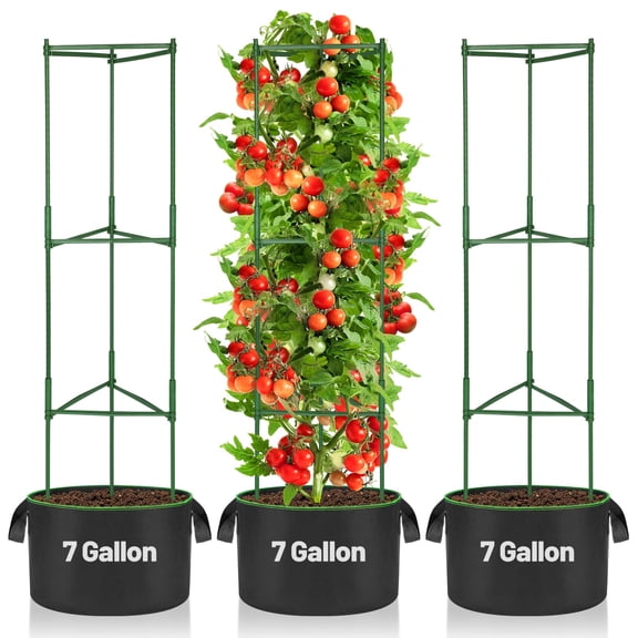 Sturdy Triangle Tomato Cage with Movable 10 Gal Grow Bags - 3 Sets 47'' Plants Garden Trellis Planters, Support for Indoor Outdoor Beans, Peppers, Eggplants, Climbing Vegetables
