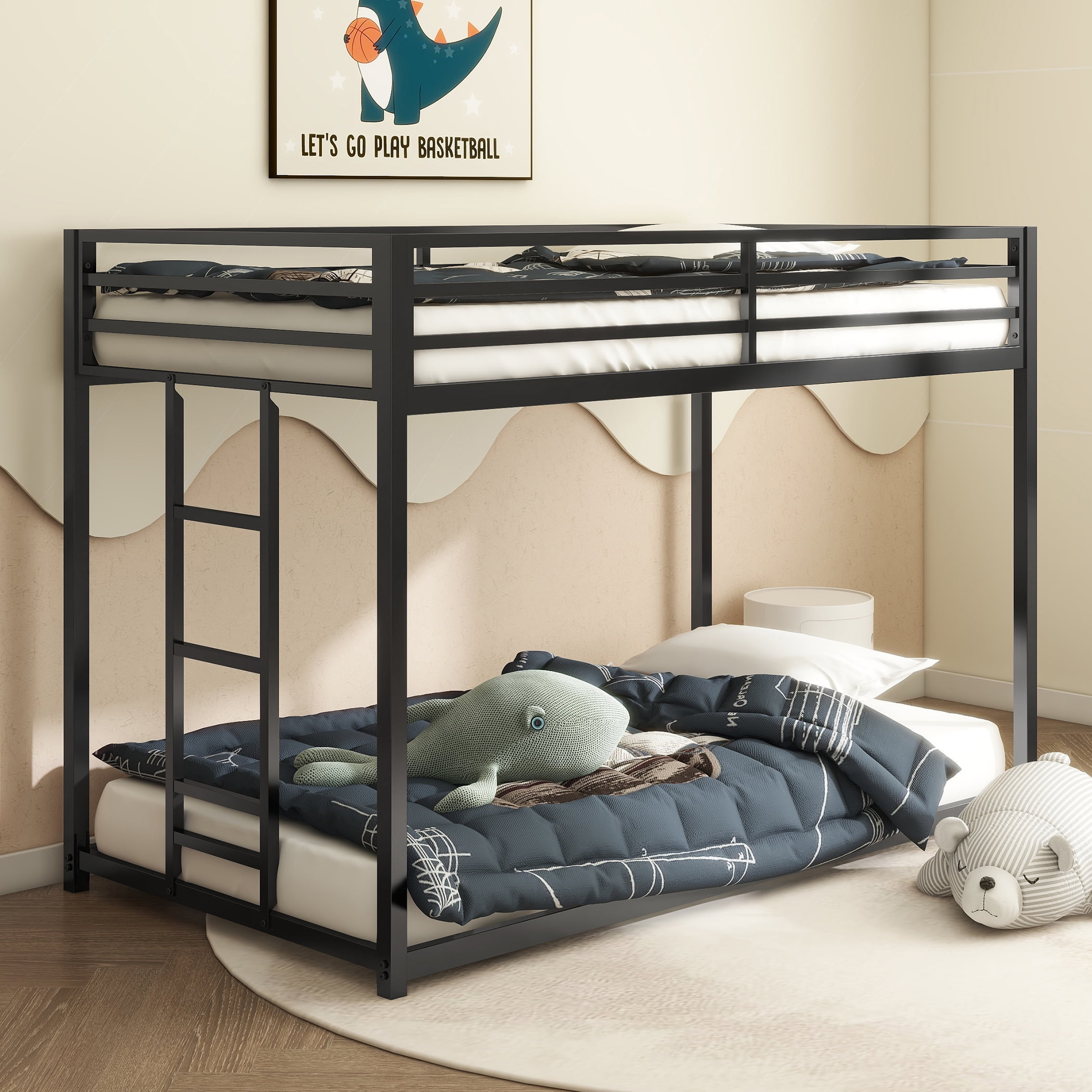 Sturdy Twin Over Twin Bunk Bed Metal Black For Kids And Adult, Low Profile Twin Over Twin Bunk Bed With Ladder And Guardrails, Easy Climbing, Beds For Bedroom