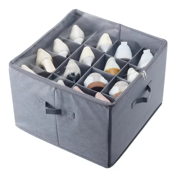 Sturdy Under Bed Shoe Storage Organizer with Clear Cover 16 Adjustable Compartments Shoe Rack Basket 17x17x12.4 Inches Grey