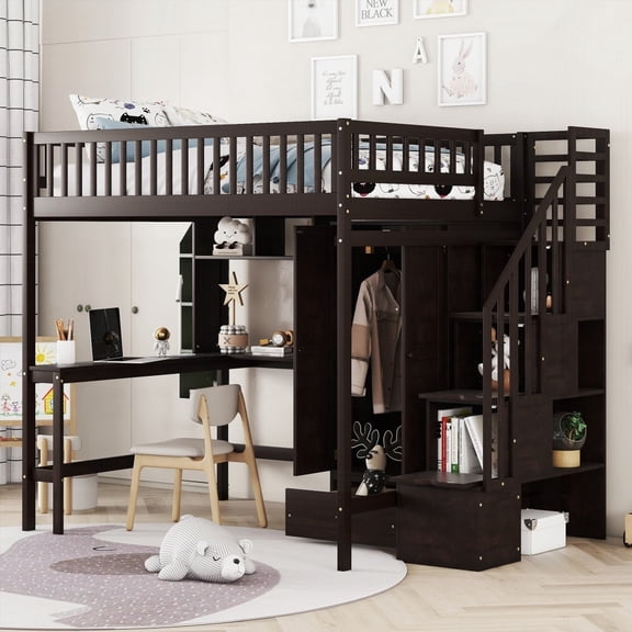 Sturdy & Unique Loft Bed with Multiple Storage-Espresso