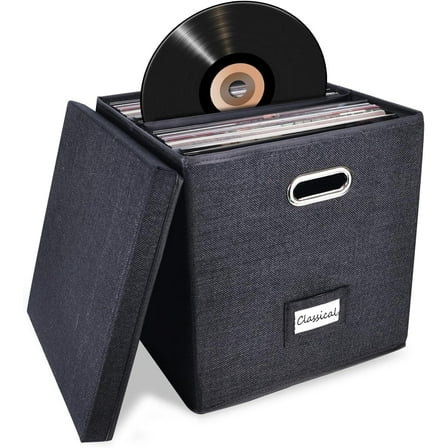 Sturdy Vinyl Record Storage Box - Album Storage Holds up 50+ Single Record, LP Storage Organizer Crate With Lid, Decorative Moving Box For Records, Solutions to Protect Your Precious Collection Black
