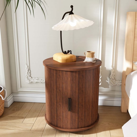 Sturdy Walnut Side Table with Built-in Charging Station, Round End Tables Living Room, 2-Tier Round End Table for Bedroom Entryway Storage